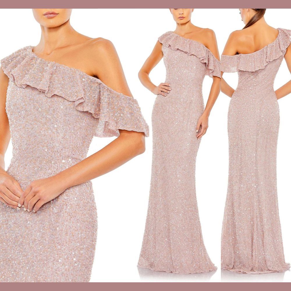NWT $498 Mac Duggal [ 2 ] Sequined Drop Shoulder Trumpet Gown in‎ Mocha Pink